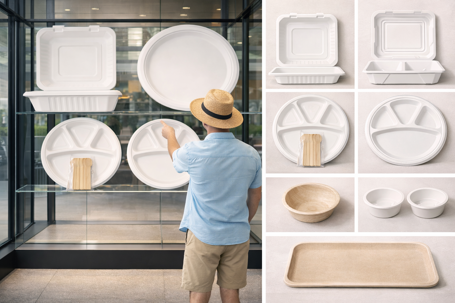Display of various disposable tableware including paper plates, bowls, and containers, with a man in a blue shirt and straw hat selecting a plate from a shelf.