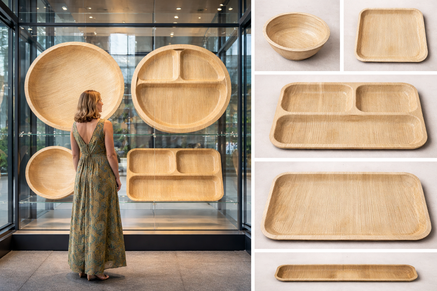 A woman in a patterned dress looking at large wooden bowls and trays displayed in a glass case at a museum or gallery.
