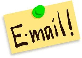 A yellow sticky note with a green push pin, handwritten word 'E-mail!!' in black ink.