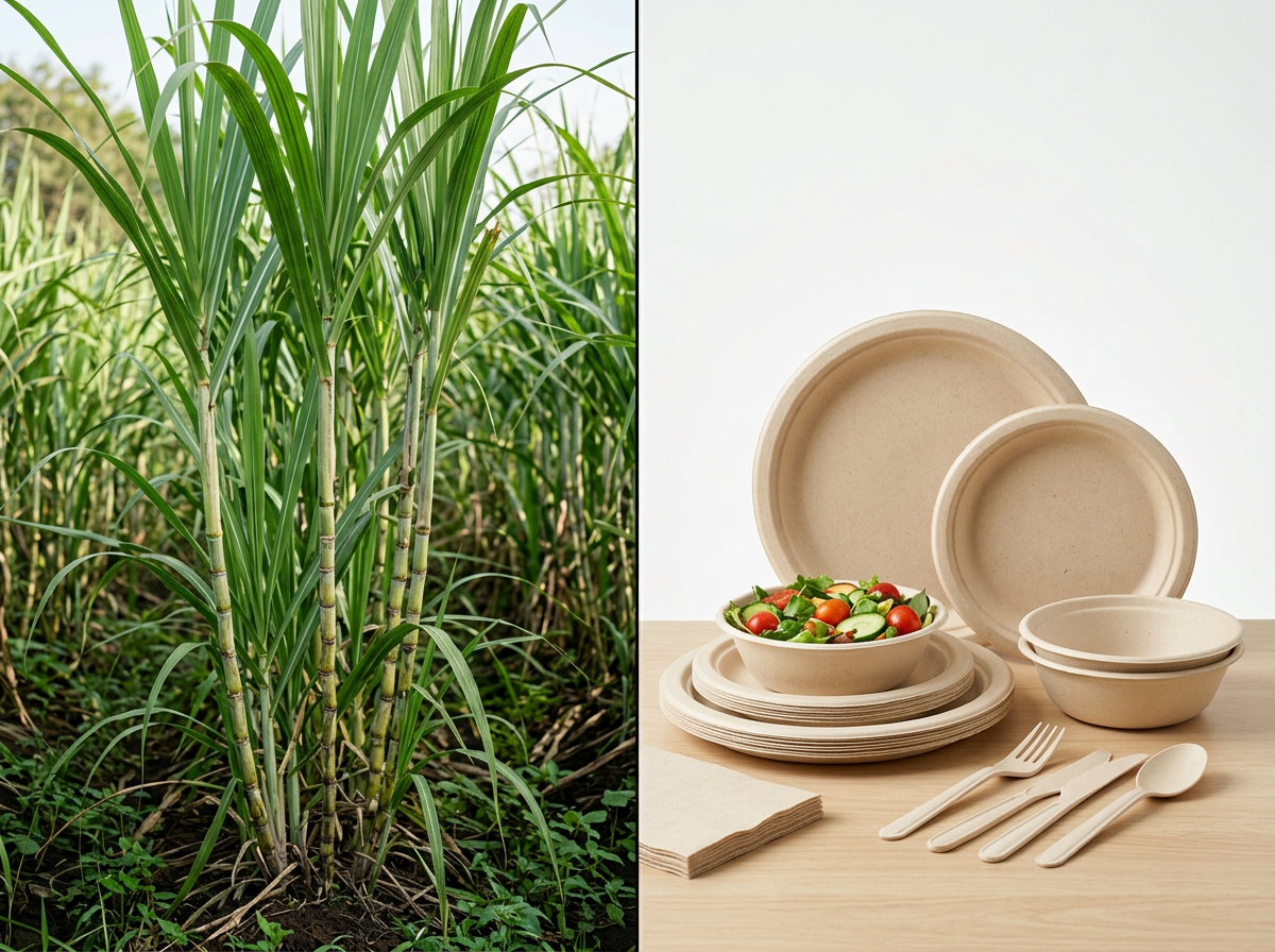 Left side: Sugarcane plants growing in the field. Right side: Ceramic bowls, plate, salad, fork, spoon, knife, and napkin on a wooden table.