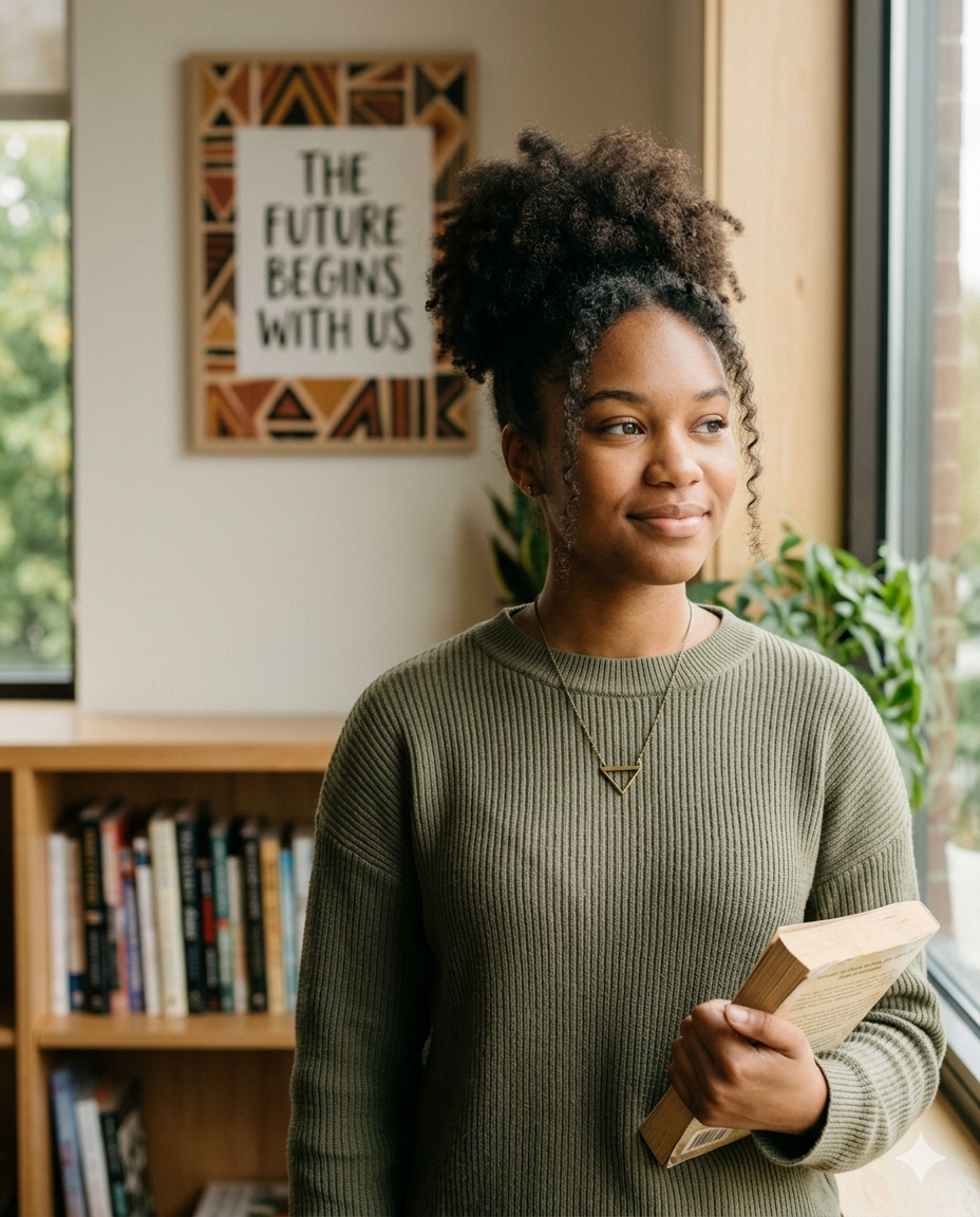 A young woman with curly black hair tied up in a puff, wearing an olive-green sweater, standing in a room with bookshelves and a window. She is holding a book in her right hand and looking thoughtfully to the side. There is a framed poster in the background that reads 'The Future Begins With Us'.