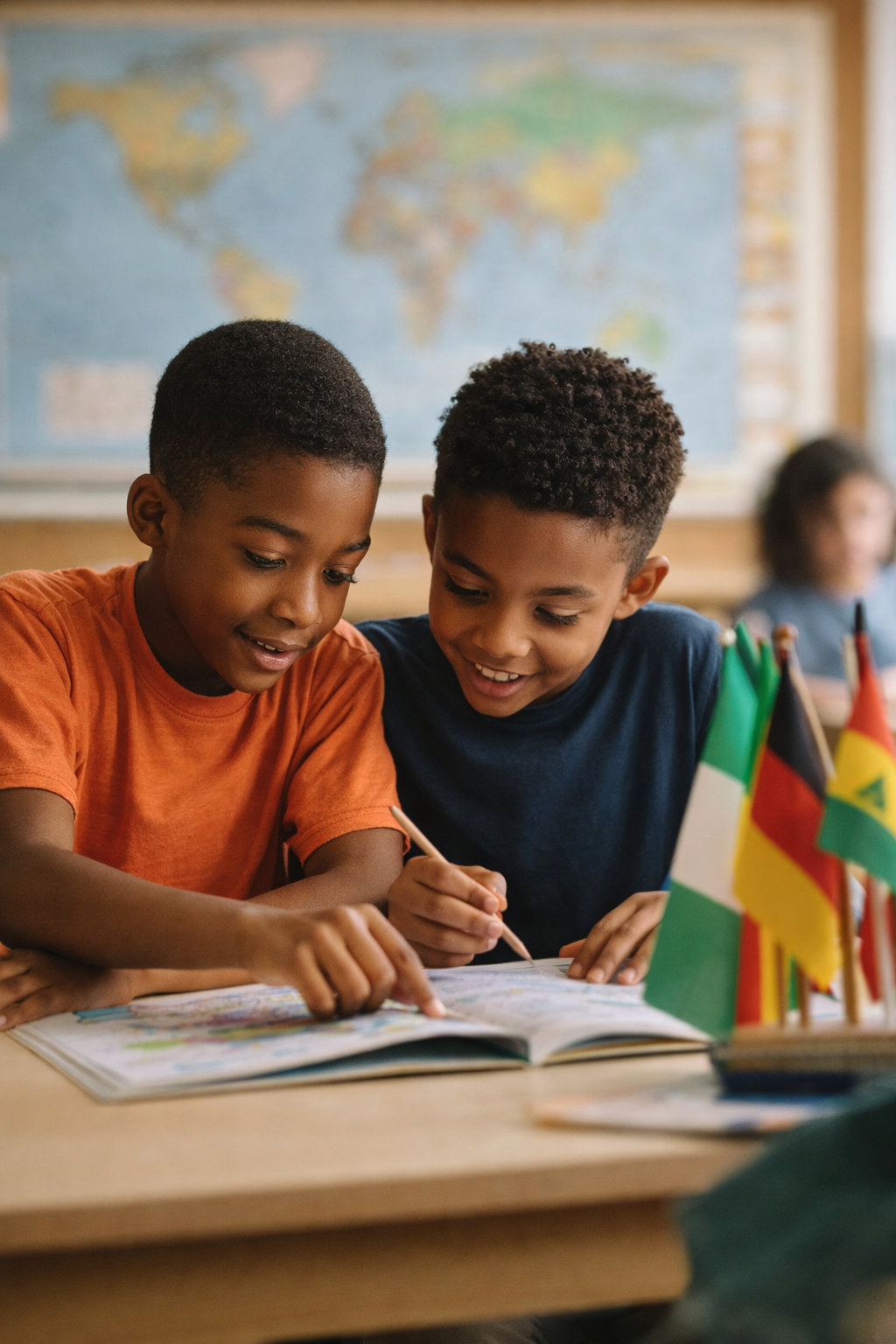 Two young boys smiling and working together on a workbook in a classroom. There are small international flags on the table and a world map on the wall in the background.