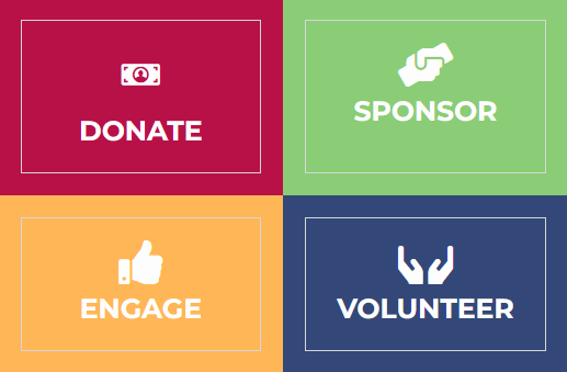 A colorful infographic with four sections: donate with a money icon, sponsor with a hand icon, engage with a thumbs-up icon, and volunteer with a two hands icon.