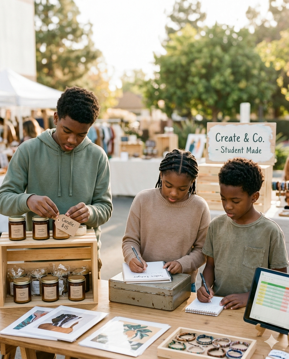 Three children shop at an outdoor market stall selling candles and handmade jewelry. The boy on the left is examining candles, while two other children write notes. There is a sign that reads 'Create & Co. - Student Made' and a tablet displaying a spreadsheet.