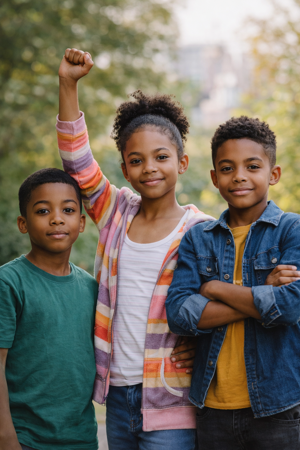 Three children standing outdoors in a park with trees and buildings in the background. The girl in the middle has curly hair in a puff, wearing a striped multicolored hoodie, and is raising her right fist. The boy on the left has short hair, wearing a green T-shirt. The boy on the right has short curly hair, wearing a denim jacket over a yellow shirt with arms crossed. All are smiling gently.