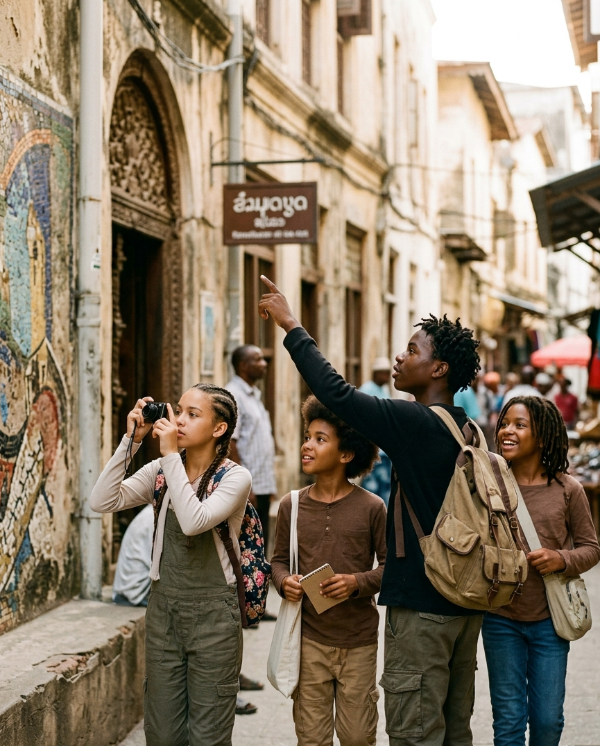 A group of young people walking through a busy street, with one person pointing at a wall mural while another takes photos, surrounded by historic buildings and street vendors.