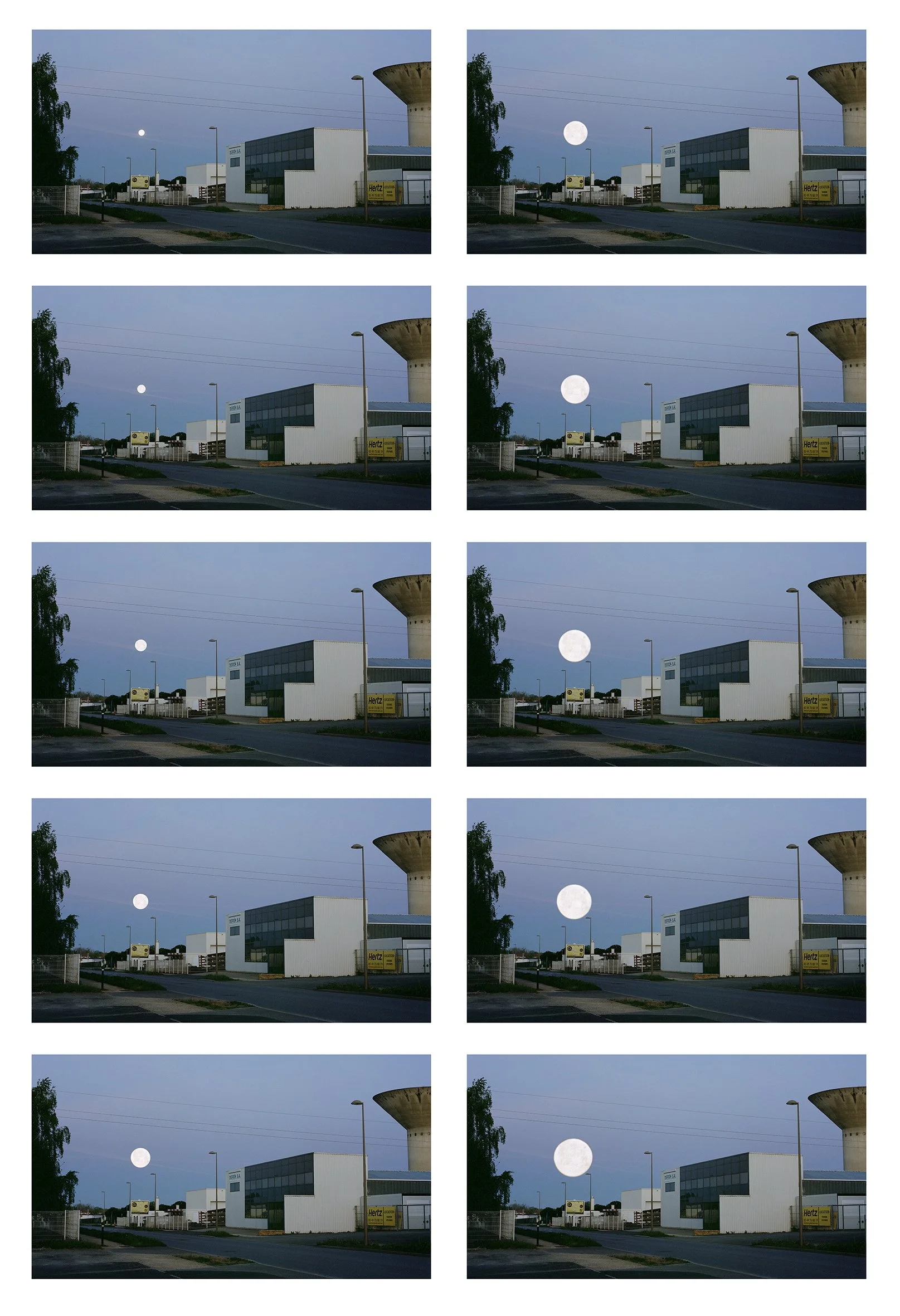 Pleine lune au-dessus de la périphérie urbaine de Niort, photographie argentique couleur de Lucie Belarbi réalisée lors d'une résidence à la Villa Pérochon.