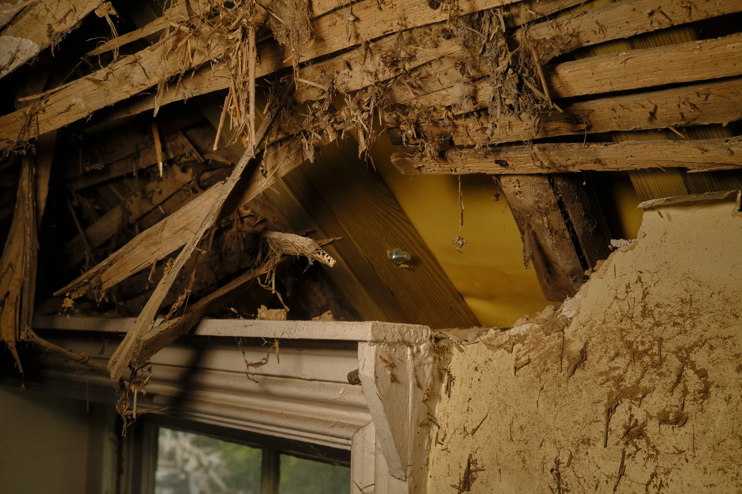 View of a damaged ceiling with exposed wooden beams and debris, possibly from construction or a disaster.