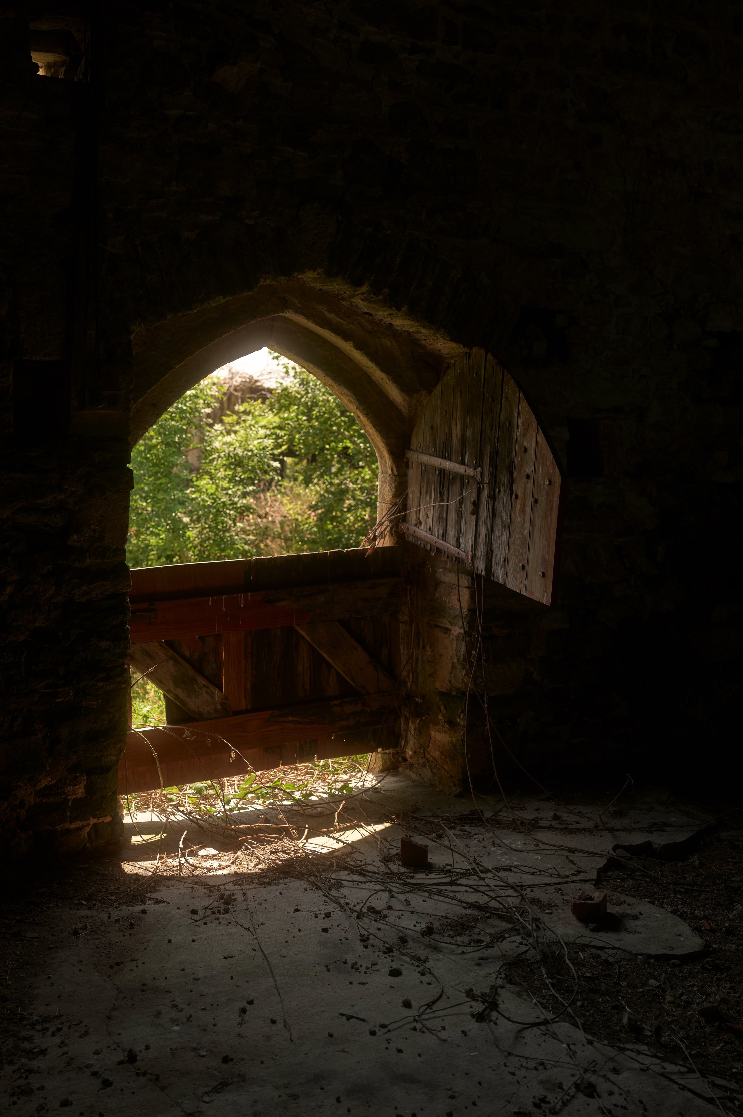 View of the inside of an old, possibly abandoned stone building with an arched window and a wooden door, overlooking a green outdoor area with trees and sunlight.
