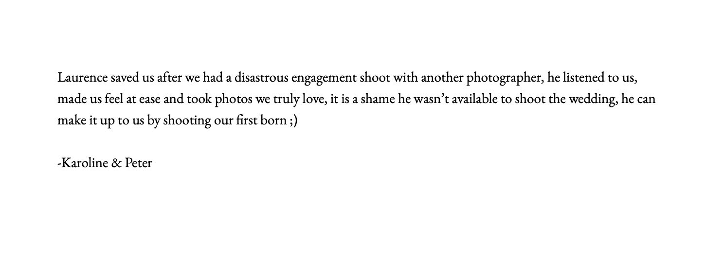 Testimonials/Review/Feedback about Laurence Cummins Photography expressing gratitude toward a photographer for capturing special wedding moments, signed by Karoline and Peter.