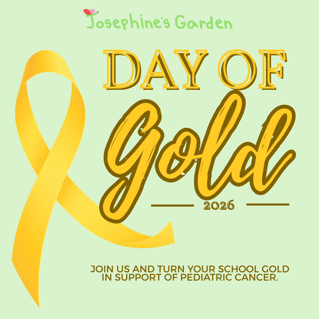 Pink and purple text reads "Josephine's Garden Day of Gold 2026" on a light green background with a yellow ribbon and a small butterfly.