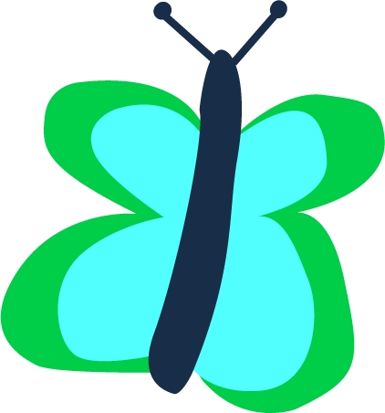A cartoon butterfly with green and blue wings and a dark blue body.