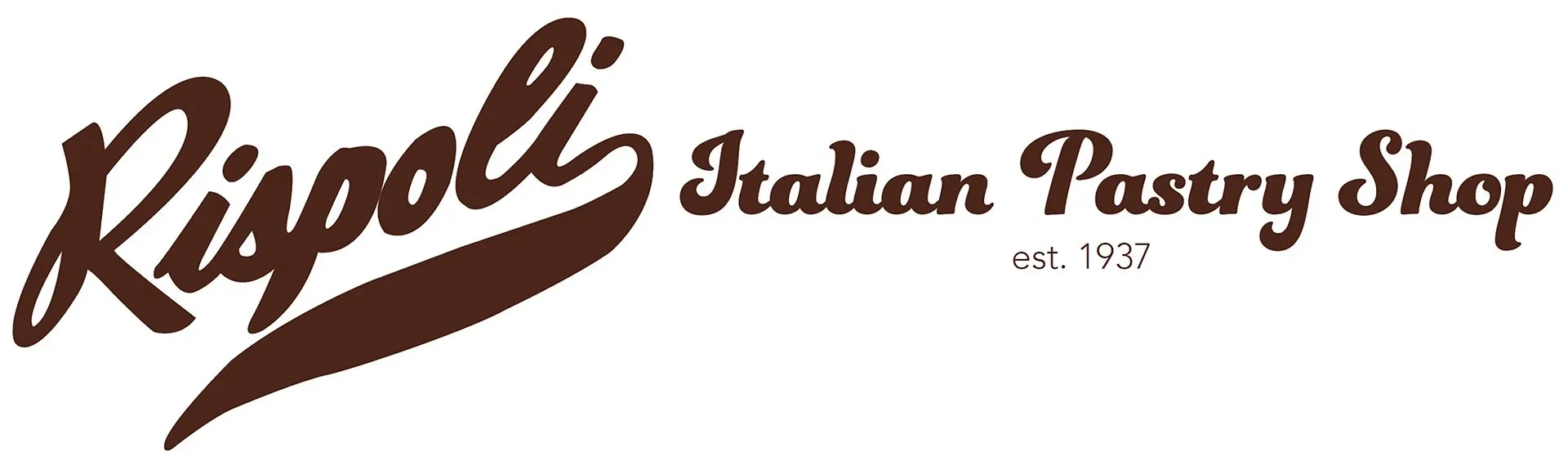 Logo for Rispoli Italian Pastry Shop with brown cursive text on a white background, stating "Rispoli Italian Pastry Shop est. 1937"