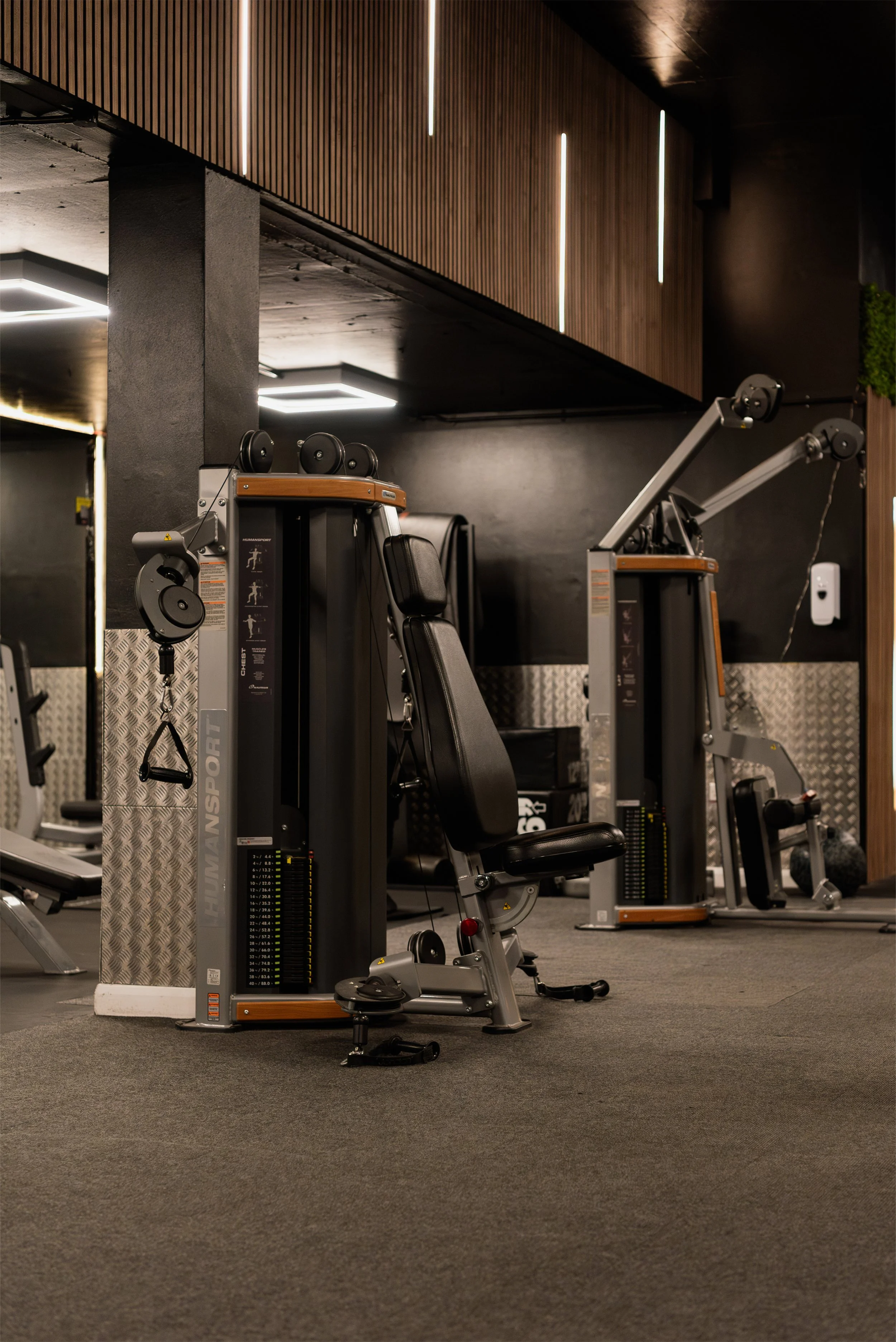 Empty gym with various exercise machines and a dark ceiling with wooden panels and LED lights.