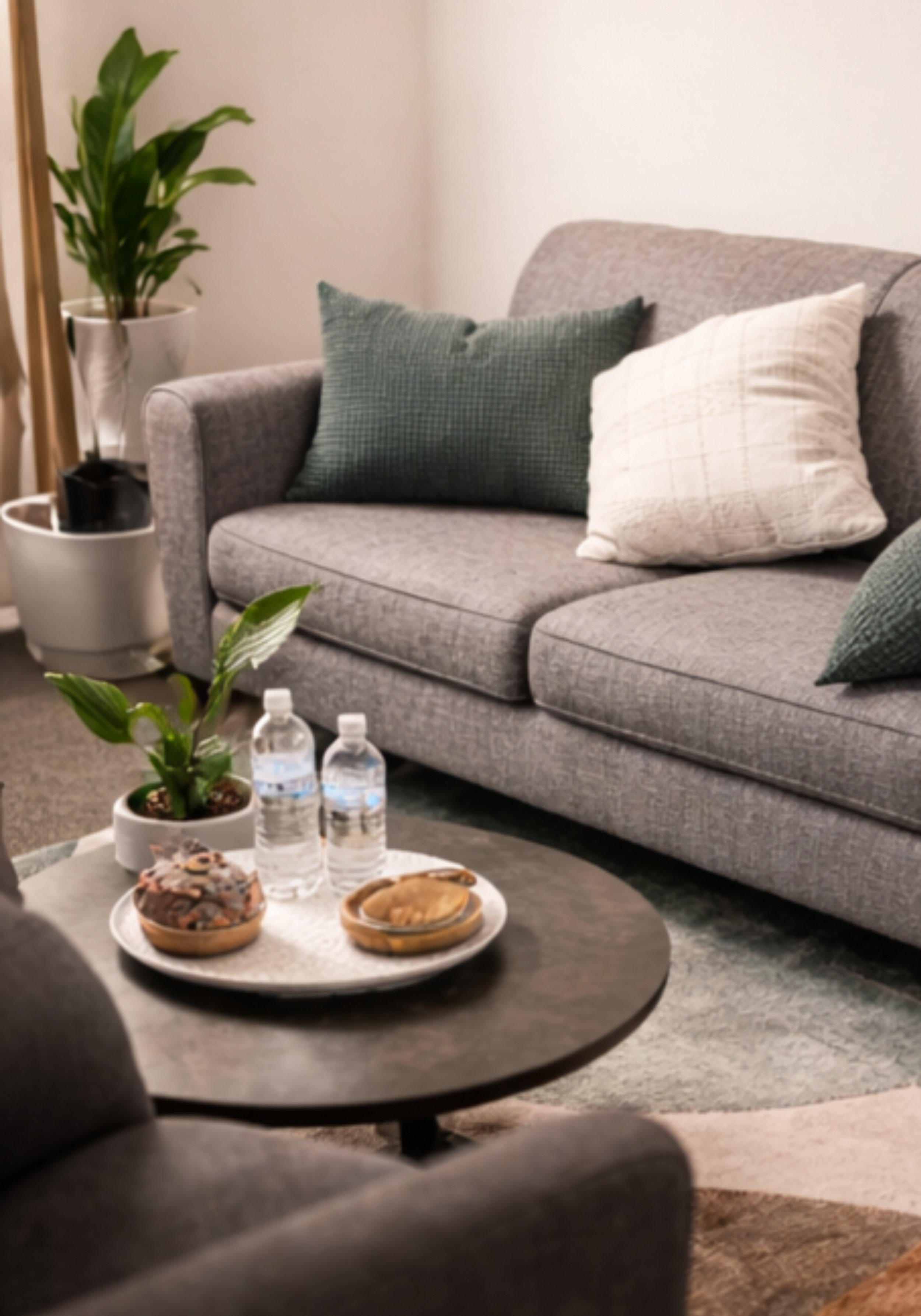 Cozy counselling practice with a gray sectional sofa, green and white pillows, potted plants, and a coffee table holding water bottles and snacks
