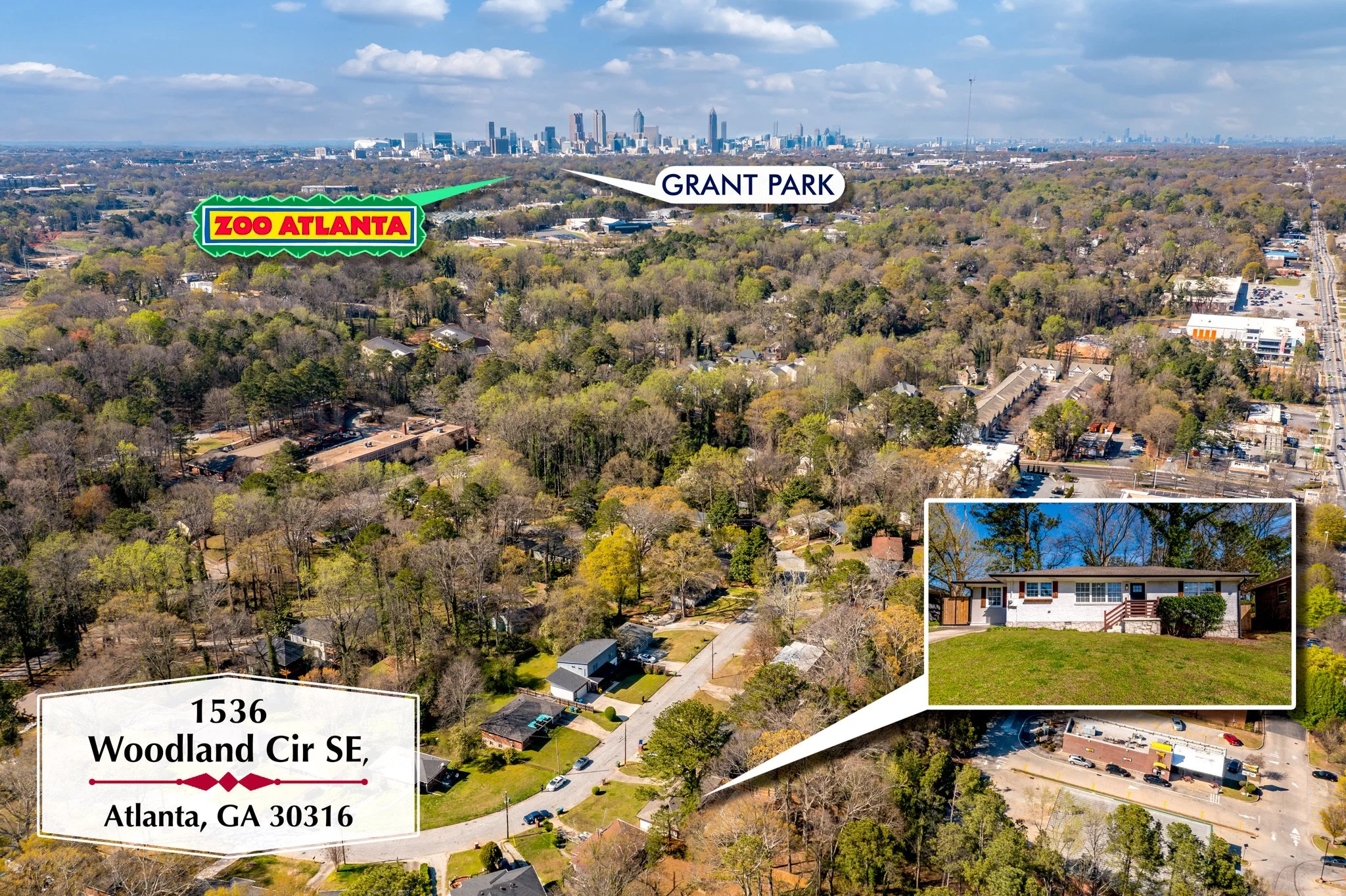 Aerial view of a residential neighborhood with a focused inset showing a single-story house with a well-maintained lawn on Woodland Circle Southeast in Atlanta, Georgia, with labels indicating the location of Zoo Atlanta and Grant Park, and the addre
