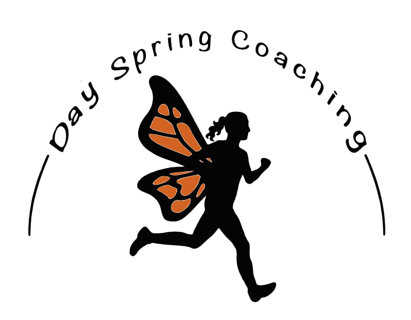 A logo featuring a running person with butterfly wings, surrounded by the text 'Day Spring Coaching' in an arch.