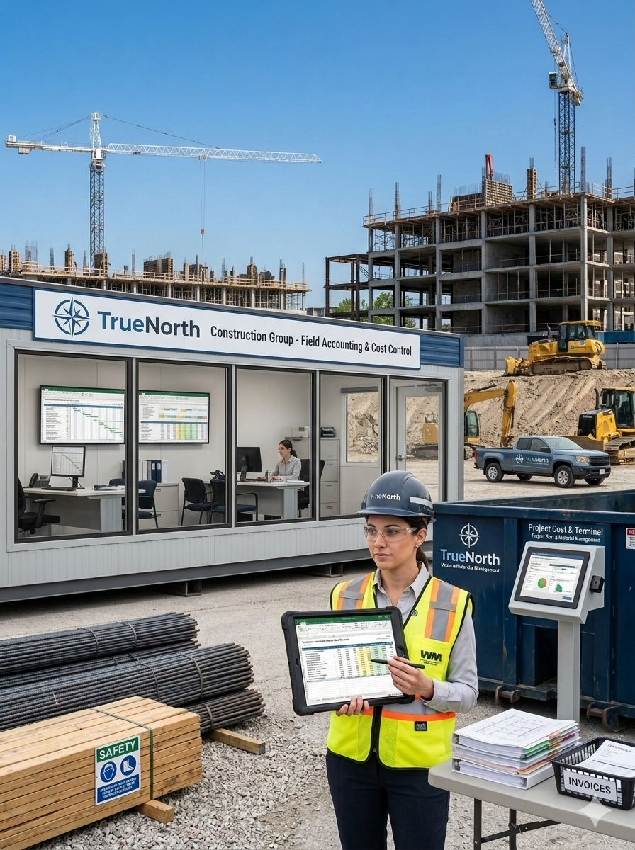 Construction site with a woman in a safety vest and helmet holding a tablet, nearby stacks of wood and metal pipes, construction vehicles, and a portable office labeled 'TrueNorth' with a person working inside, and a large building under construction in the background.