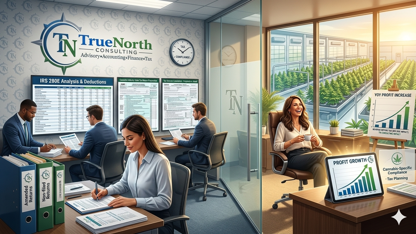 An office with four professionals. Three men are working at a conference table discussing documents, while a woman is sitting in an office chair holding a coffee cup, smiling. The room has large windows overlooking a cannabis farm. There are financial charts and documents on the walls and desks, including a tablet showing profit growth, and a promotional poster for cannabis-specific compliance and tax planning.