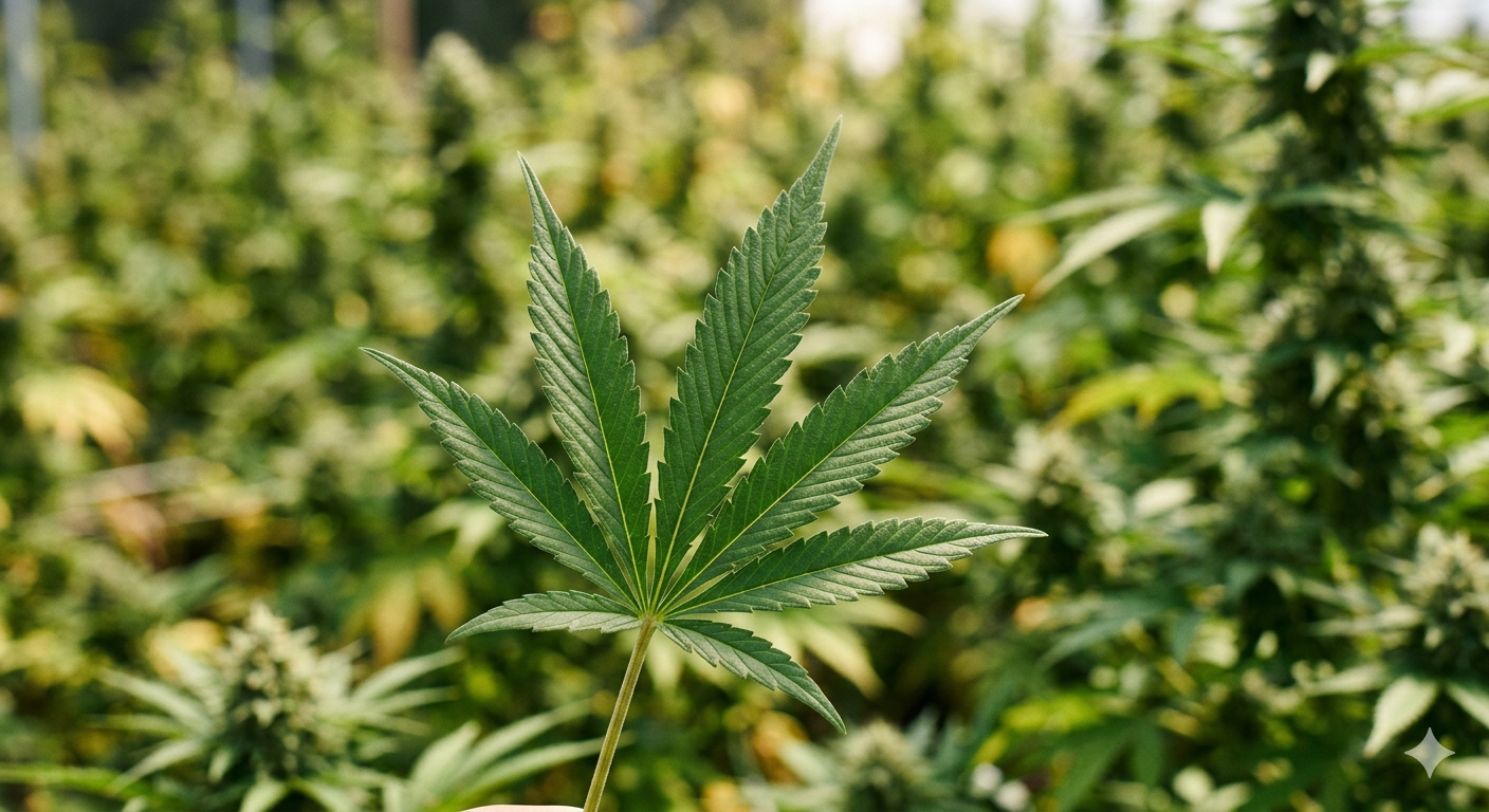 Close-up of a cannabis leaf with a background of other cannabis plant showing the True North accounting services, booking and cannabis accounting. 280E reporting for cannabis kiosks and firms. Fractional CFO, Tax Strategy Advisor, Advisory, Accountin