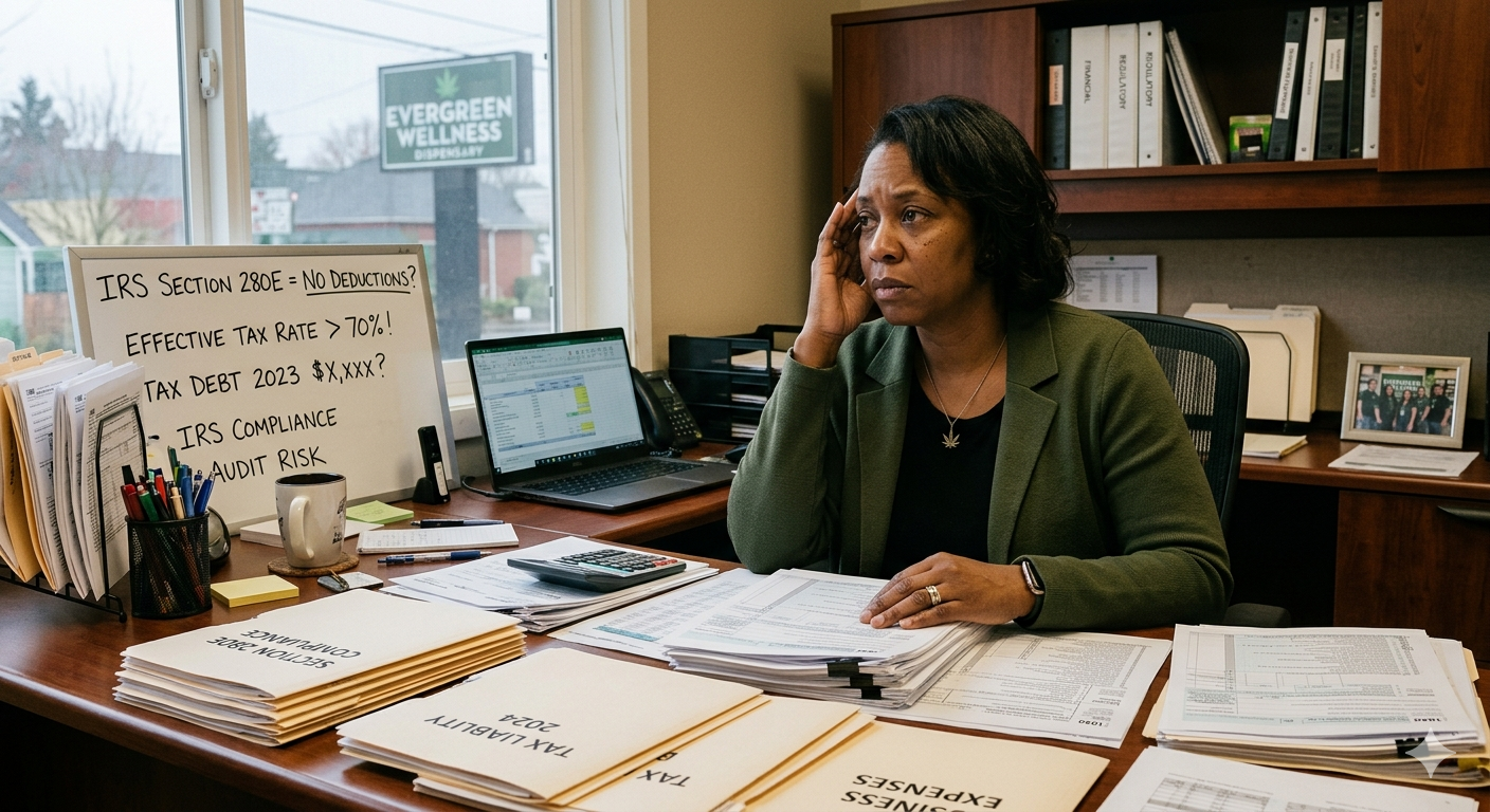 An woman in a green blazer sitting at a cluttered desk with tax documents, a calculator, a laptop, and a whiteboard with notes about IRS taxes. Filing taxes, accounting, bookkeeping cannabis accounting.