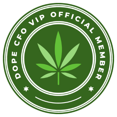 Green circular DOPE VIP official member badge featuring a stylized cannabis leaf, white lettering, stars, and concentric rings