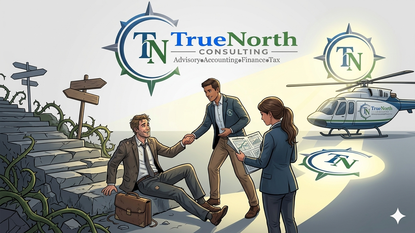 Illustration of  at a consulting firm called TrueNorth helping with accounting, tax and fractional CFO. One man is sitting on the steps, shaking hands with another man, while a woman looks on holding a newspaper.