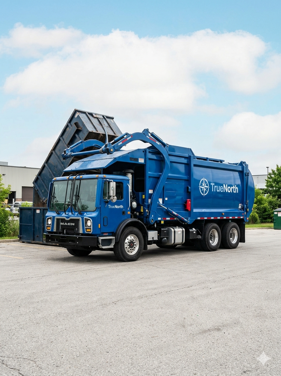 A blue garbage truck with 'TrueNorth' branding unloading trash at a landfill or recycling facility. Showing waste management accounting, tax filing. Fractional CFO, Tax Strategy Advisor, Advisory, Accounting, Bookkeeping,  Tax Preparation, Cannabis a