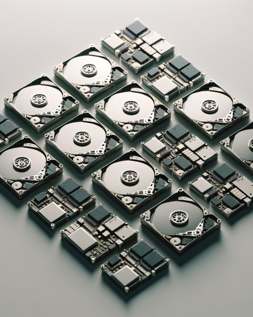 Multiple computer hard drives and circuit boards arranged on a flat surface.