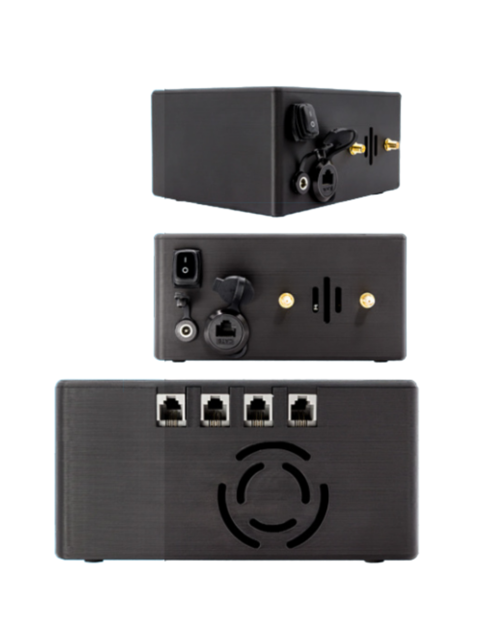 Three black power outlet adaptors with various ports and plugs, including ethernet ports and power sockets.