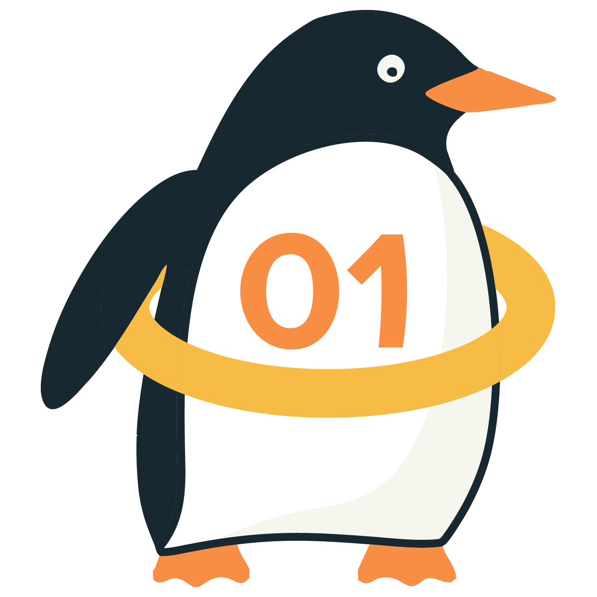 Cartoon penguin with orange beak and feet, wearing a yellow weightlifting belt with the number '01' on its chest.