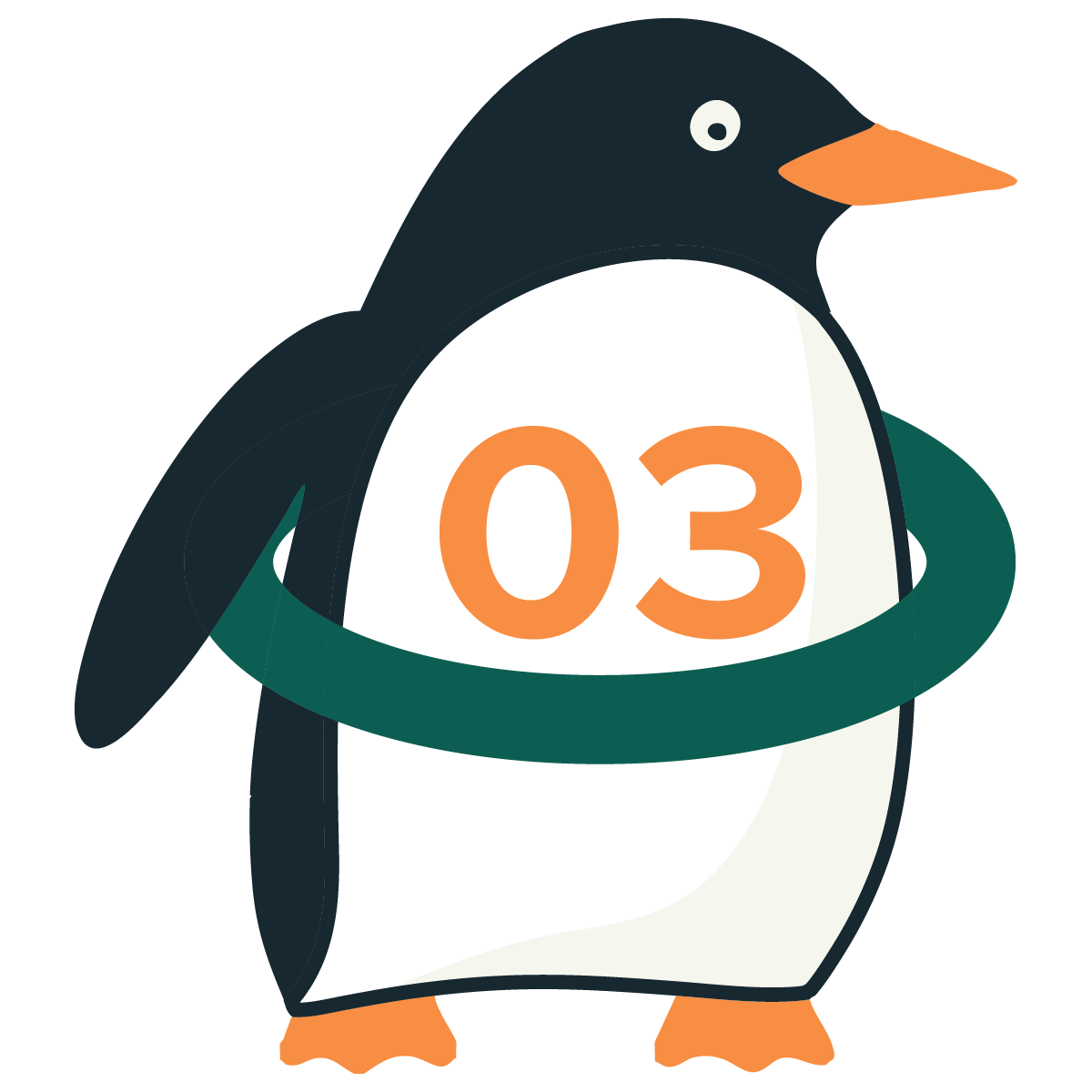 A cartoon penguin wearing a green ring around its waist with the number 03 in orange on its chest.