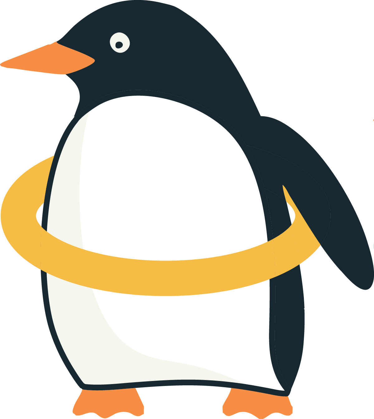 Cartoon penguin with a yellow ring around its body, orange beak and feet, black and white body, and a white eye with a black pupil.