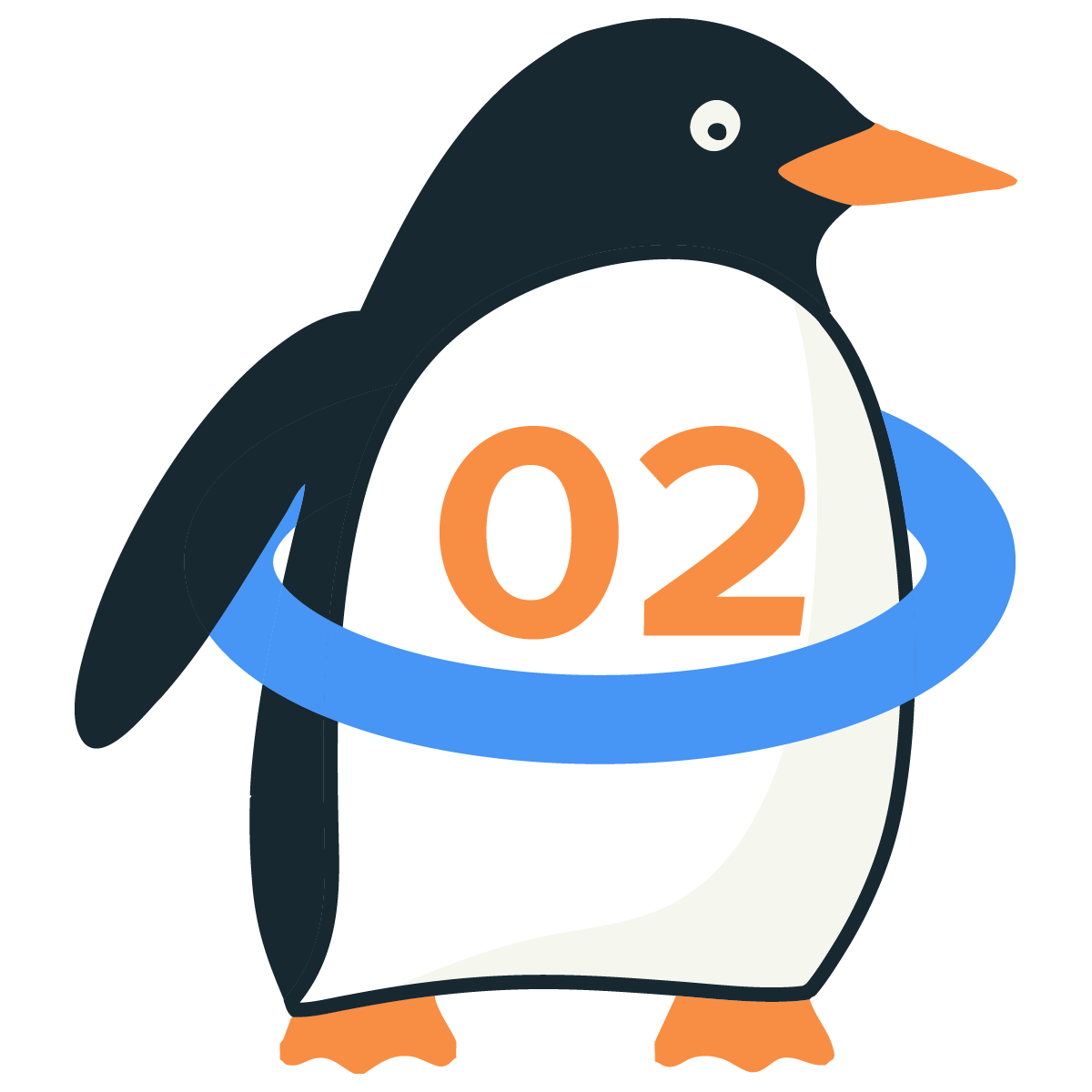 Cartoon penguin wearing a blue ring with the number 02 inside it.