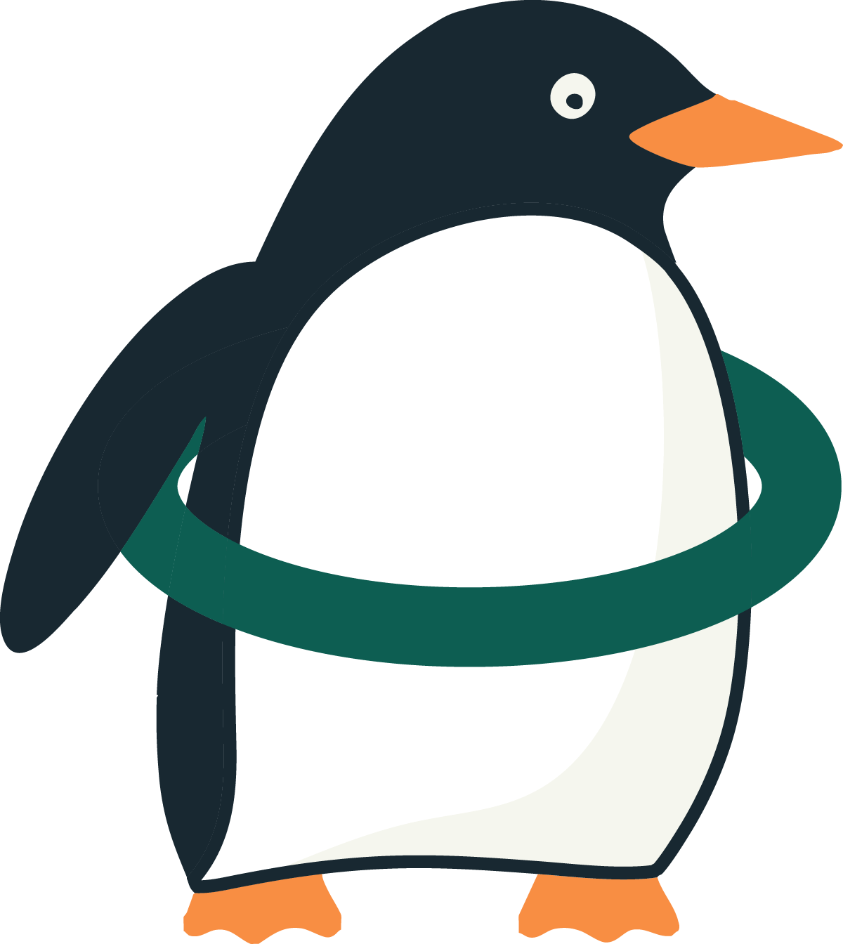 Cartoon penguin with a white belly and black and orange features wearing a green ring around its waist.