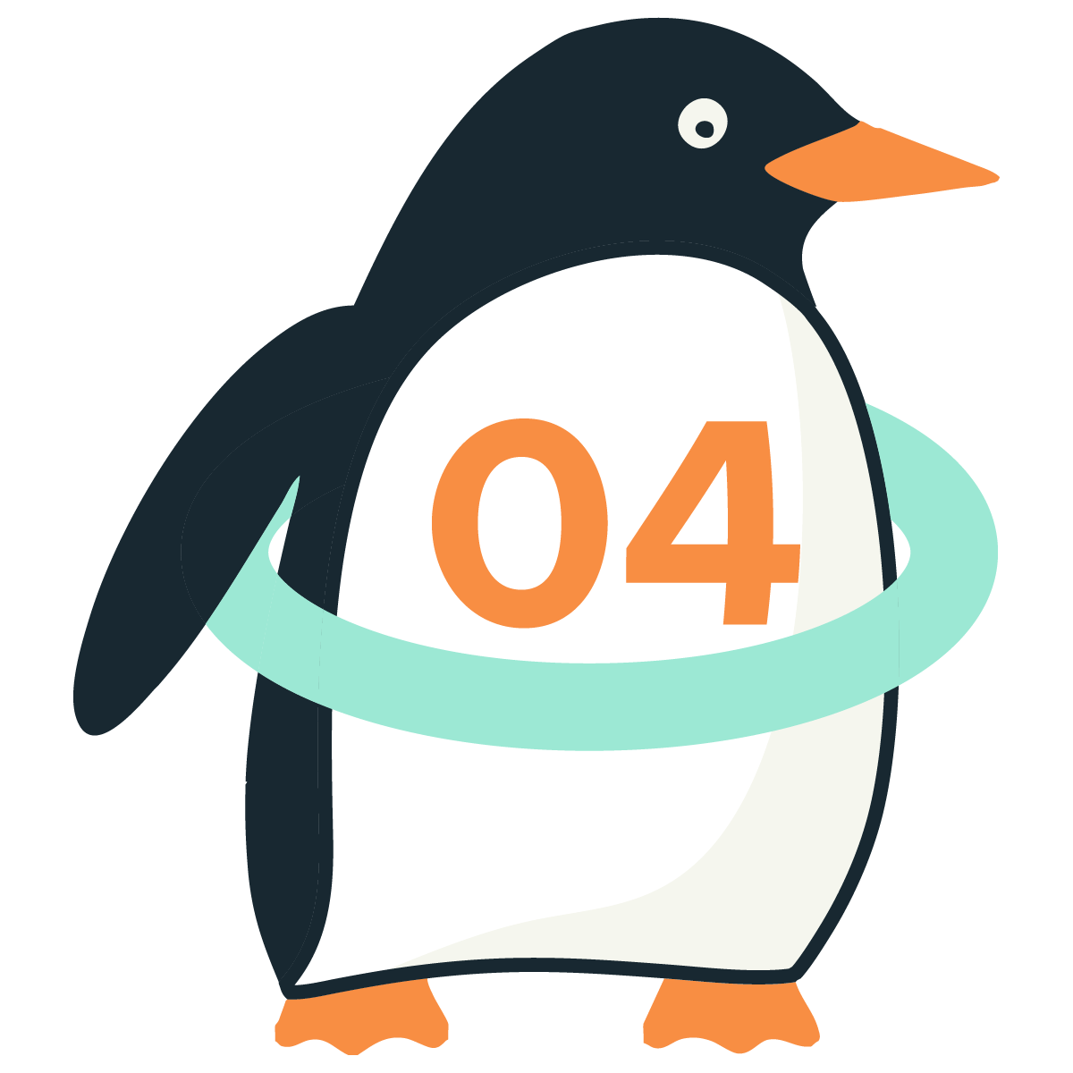 Cartoon penguin holding a health checkup sign with the number 04 on it, wearing a light blue medical strap.
