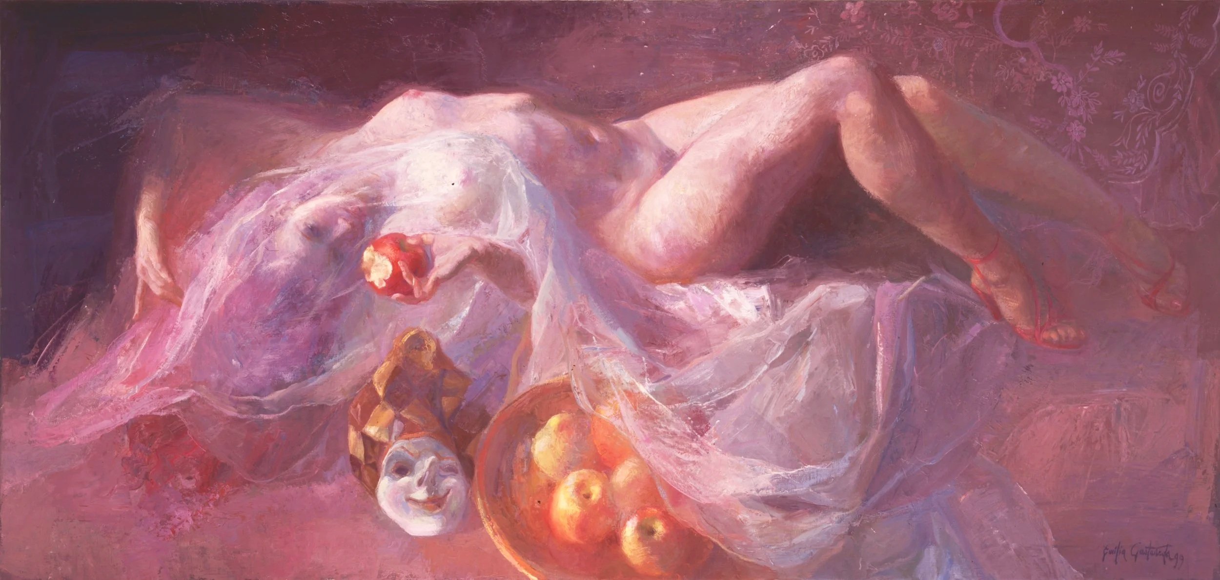 A reclining nude woman with white hair and red shoes, lying on pink and purple fabric, holding an apple, with a bowl of apples nearby, in a pink-toned painting.