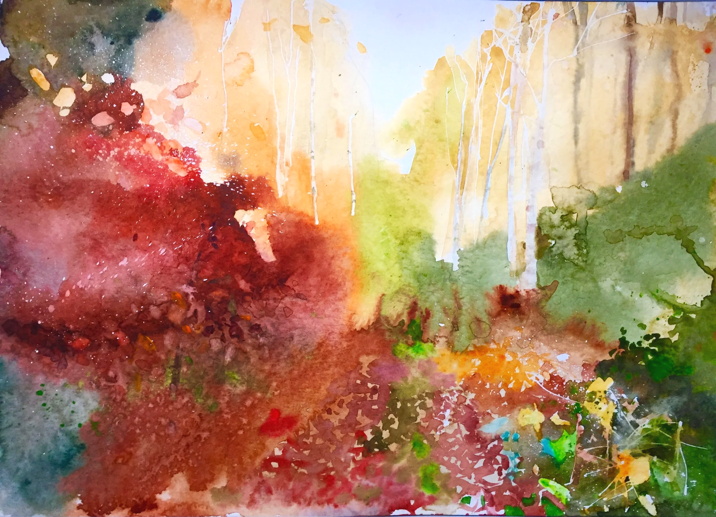 An abstract watercolor painting of a forest scene with trees and foliage in warm fall colors, including red, orange, yellow, and green, with a pathway leading into the woods.