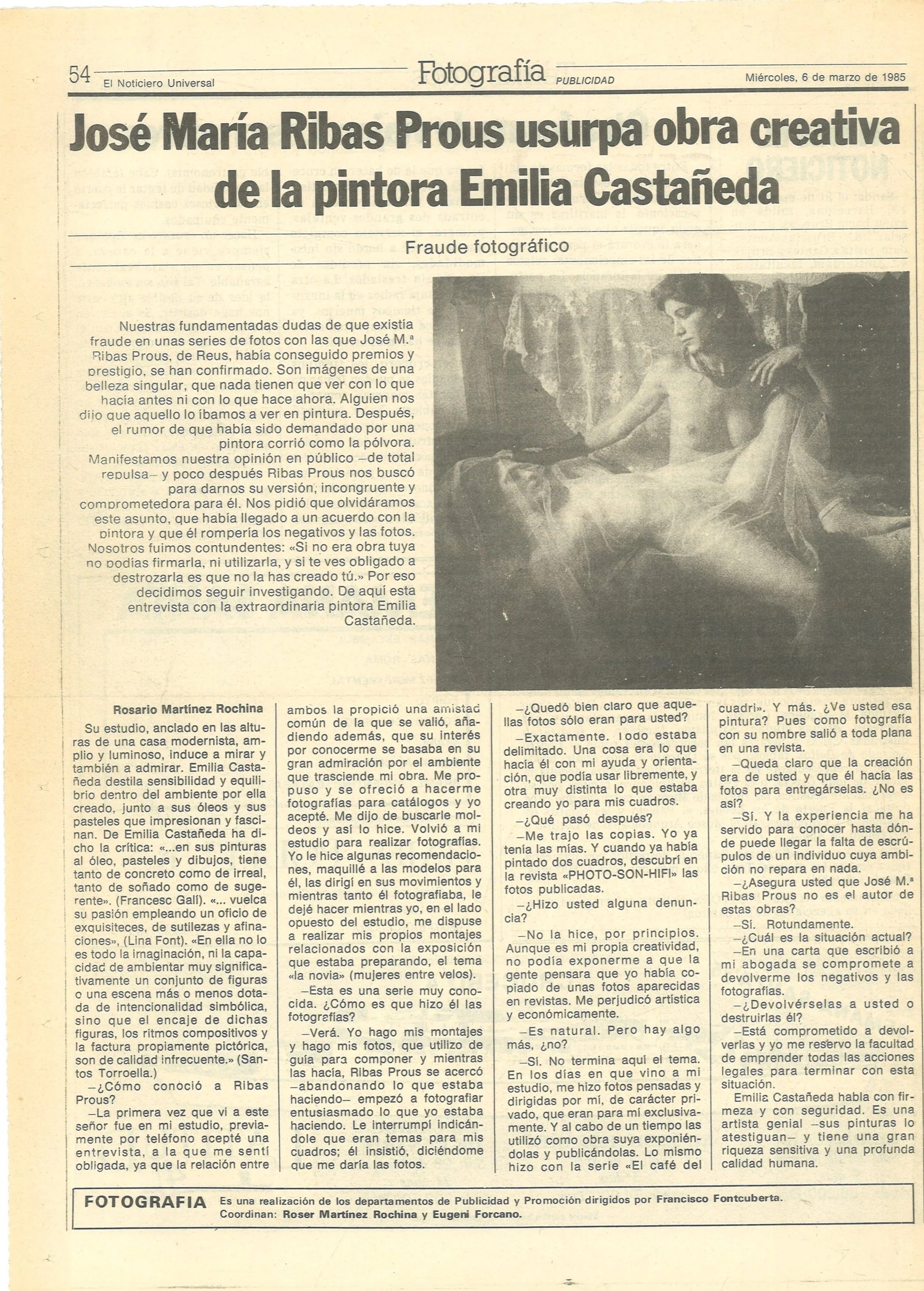 Newspaper article headline about José María Ribas Prous forging a creative work with painter Emilia Castañeda, includes a black-and-white photograph of a woman painting at an easel.