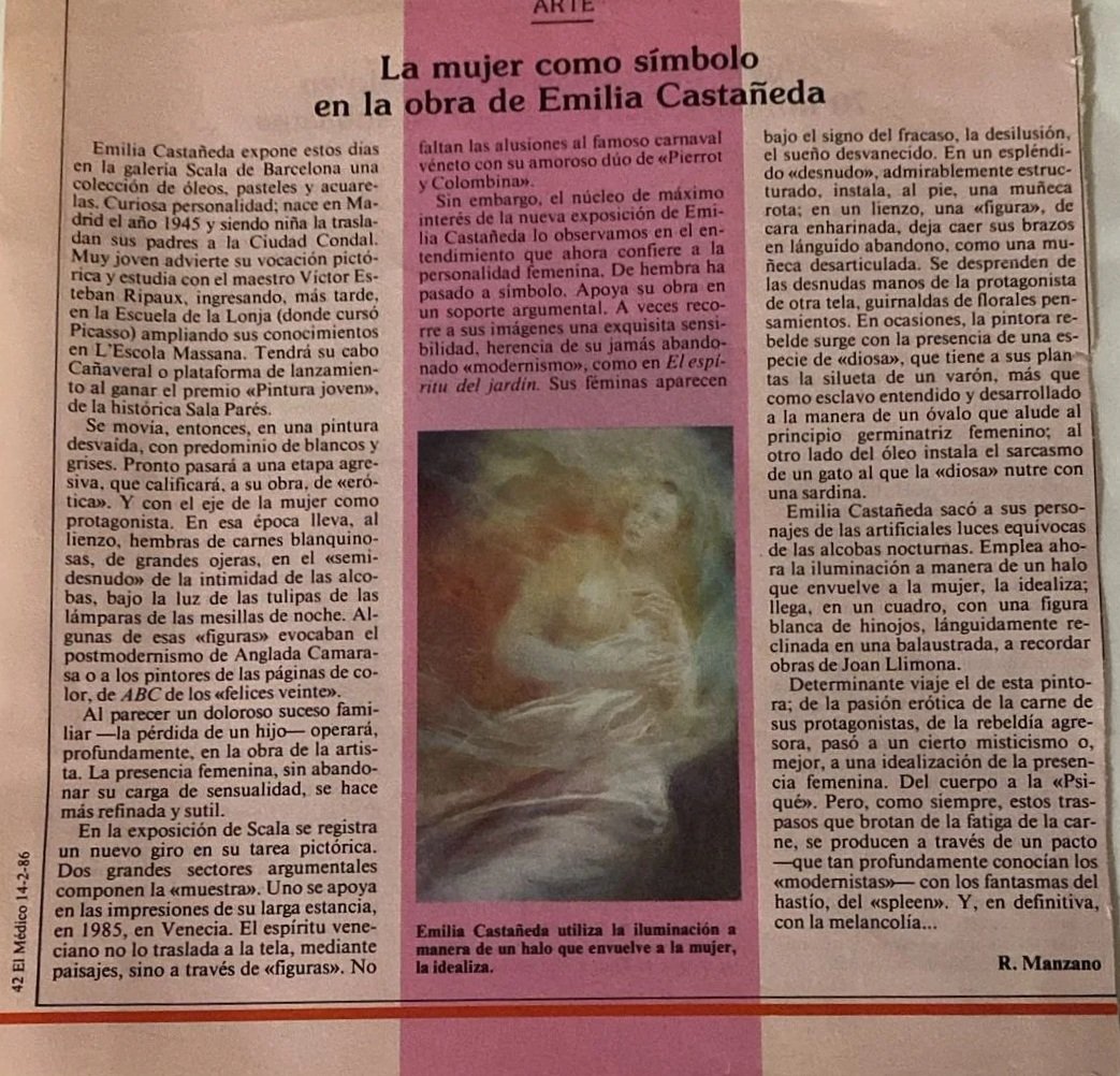 Page from a magazine article titled 'La mujer como símbolo en la obra de Emilia Castañeda' with a central image of a moon and clouds, and additional text explaining the artwork and artist.