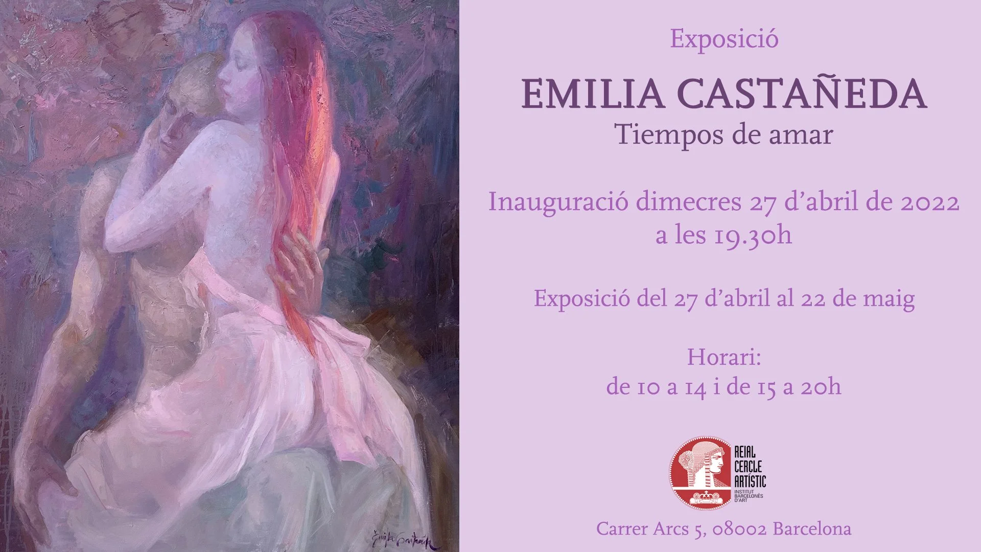 A promotional poster for Emilia Castañeda's art exhibition titled "Tiempos de amar". The poster features a painting of a woman with long pink hair holding a child with a background of textured purple hues. The right side contains event details in Spa