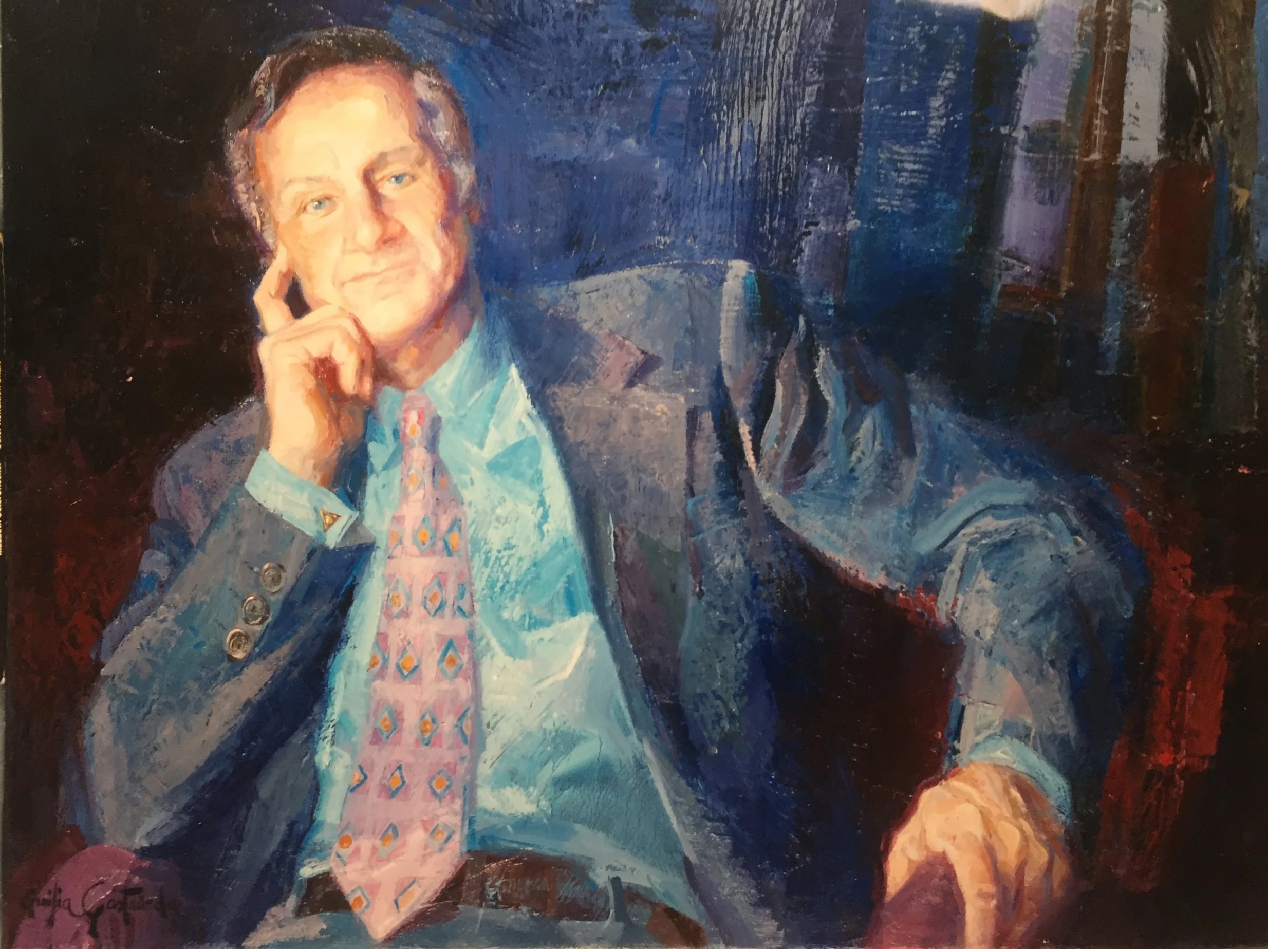 A portrait painting of a middle-aged man with blue eyes, wearing a blue jacket, light blue shirt, and colorful patterned scarf, resting his chin on his hand with a thoughtful expression.