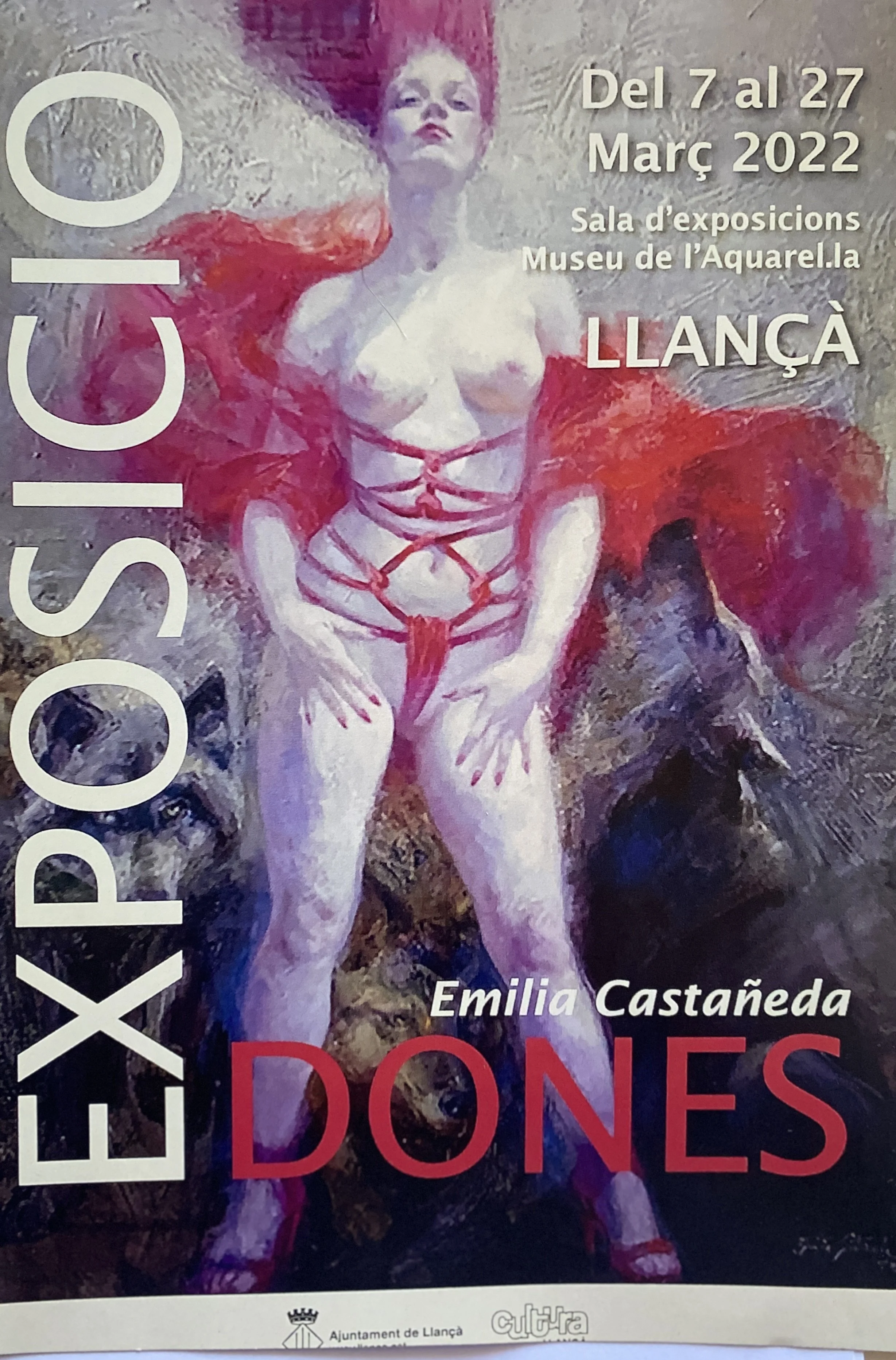 Artistic poster for an art exhibition titled 'Dones' by Emilia Castañeda, featuring a painted image of a woman with red hair and red cloth wraps, standing with her hands on her thighs. The background appears abstract with dark and light shades. The exhibition is held from March 7 to 27, 2022, at the Museu de l'Aquarel.la in Llançà, and the poster includes logos of the Ajuntament de Llandça and Cultura.