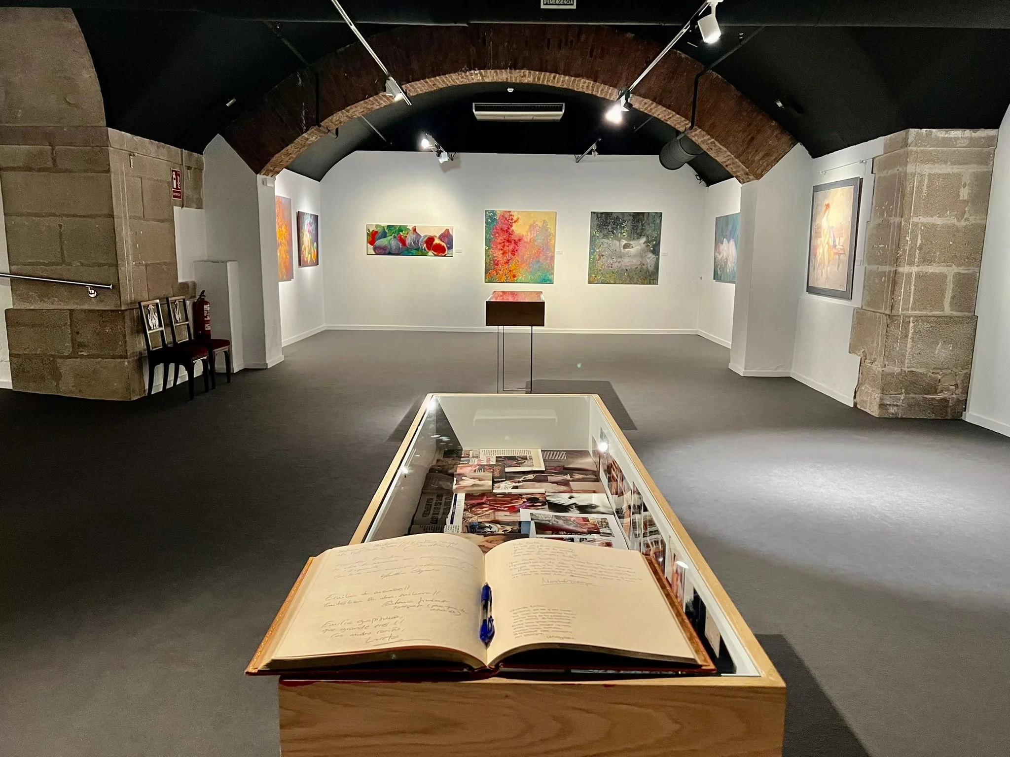 Interior of an art gallery with paintings on white walls, a glass display case with photographs and a book, and a few chairs in the corner.