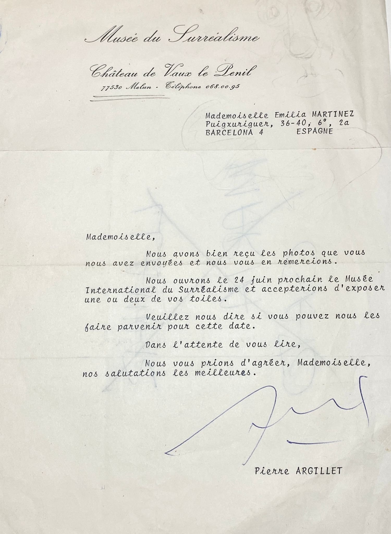 A letter written in French from the Musée du Surréalisme addressed to Mademoiselle Emilia Martinez in Barcelona, mentioning the reception of photos and an upcoming exhibition at the International Surrealism Museum, signed by Pierre Argillet with hand