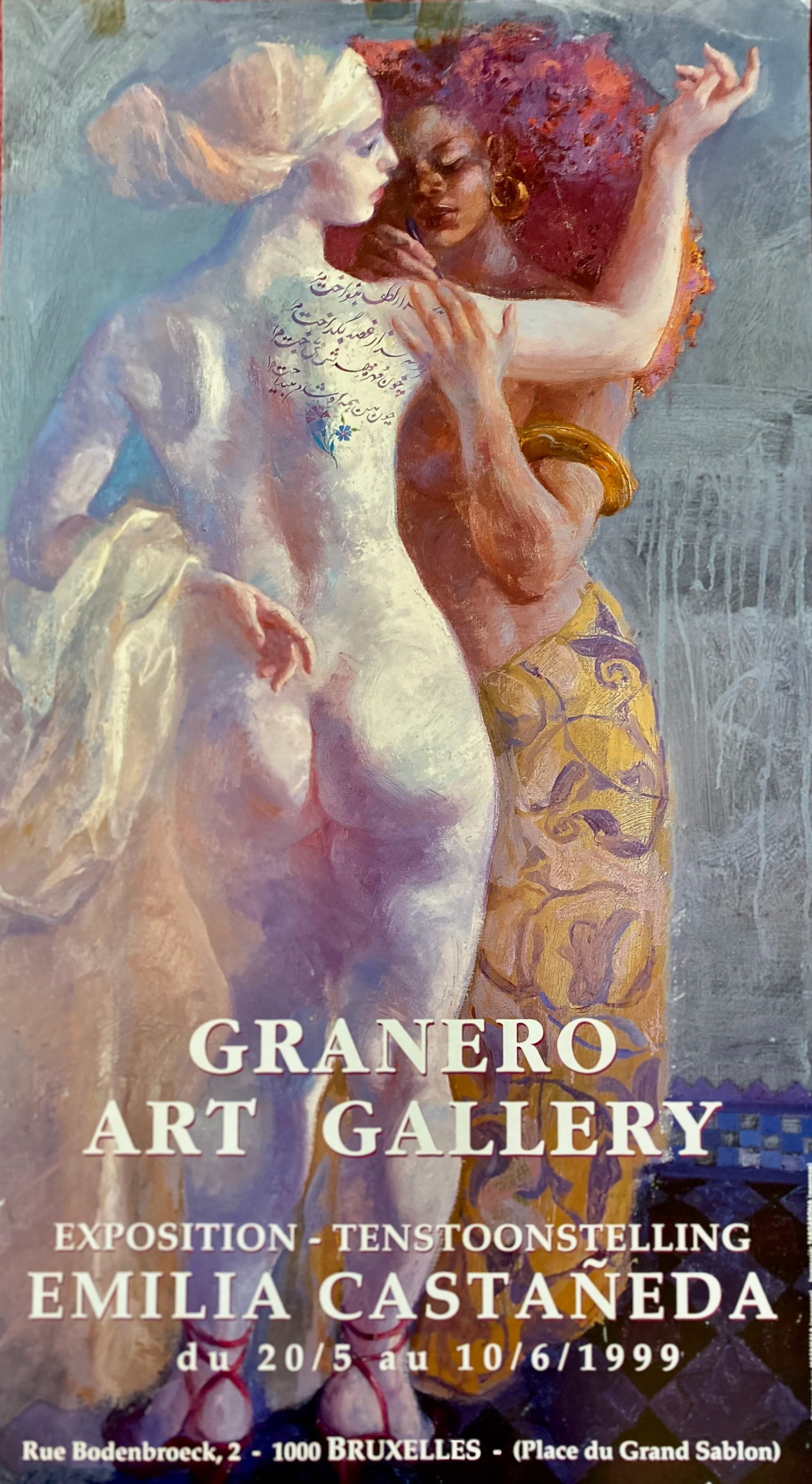 Poster for an art exhibition featuring a painting of two women, one with light skin and white hair and the other with dark skin and red hair, embracing. The text includes details about the Granero Art Gallery exhibition, artist Emilia Castaneda, and the dates from May 20 to June 10, 1999, in Brussels.