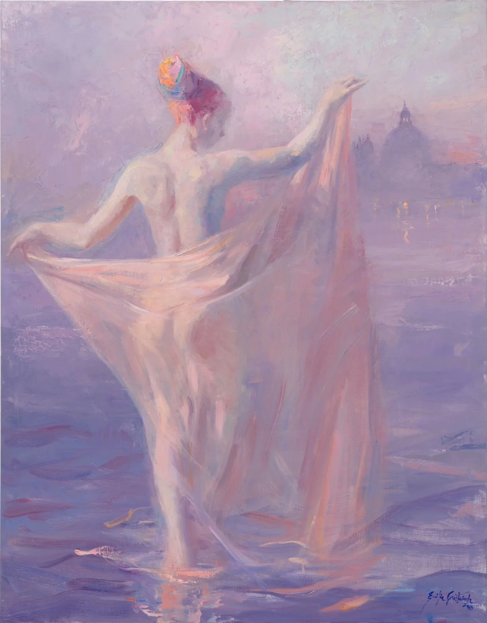 An impressionist painting of a ballerina with a pink tutu standing on water, holding her skirt with her arms outstretched, with a soft pastel background and distant cityscape or buildings in the background.