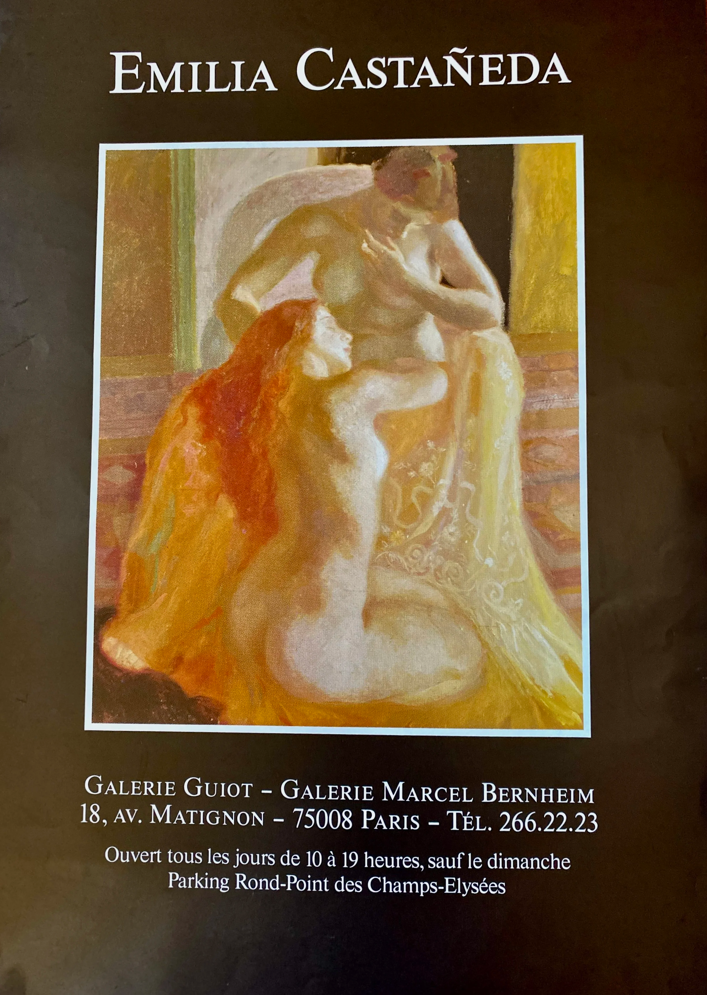 Poster advertising an art exhibition by Emilia Castañeda at Galerie Guiot - Galerie Marcel Bernheim in Paris. Features a painting of three nude women, one with red hair kneeling and the others standing, in a warm-toned interior.