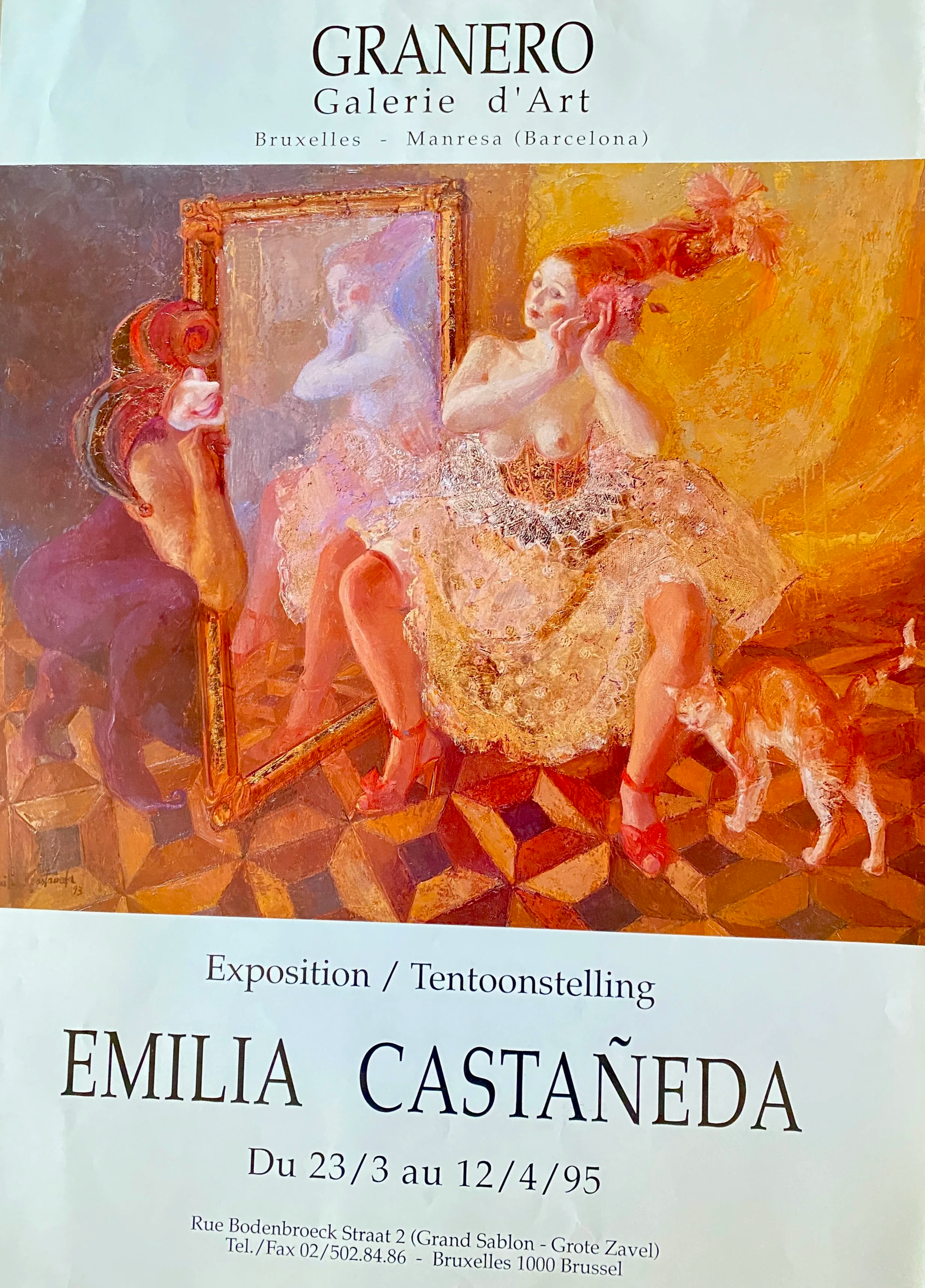 Poster for Emilia Castañeda's art exhibition featuring a colorful painting of a woman in an ornate dress, surrounded by her reflection in a mirror, with a dog on the floor, and a signature in the lower left corner.