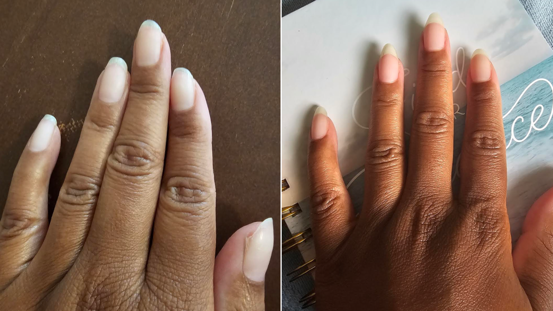 client natural nail transformation from short and peeling to strong
